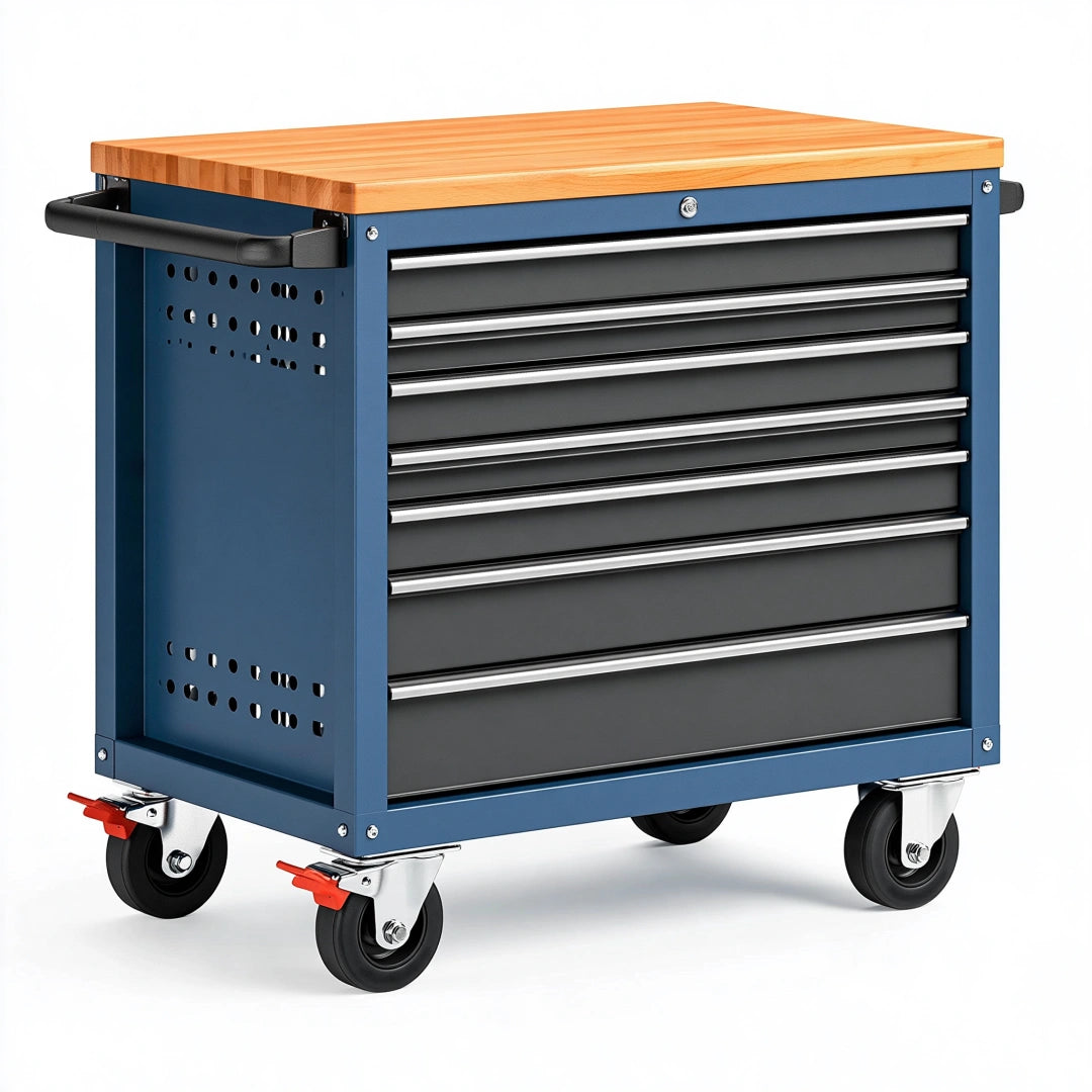 Servante d'atelier 86 x 46 x 95 cm en acier bleu avec plateau en bois - rangement mobile