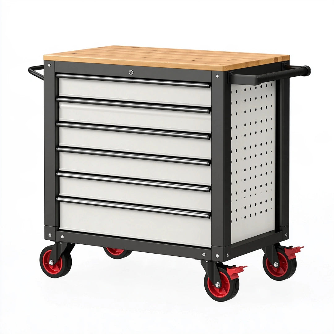 Servante d'atelier 100 x 50 x 95 cm en acier noir et gris avec plateau en bois 7 tiroirs mobile