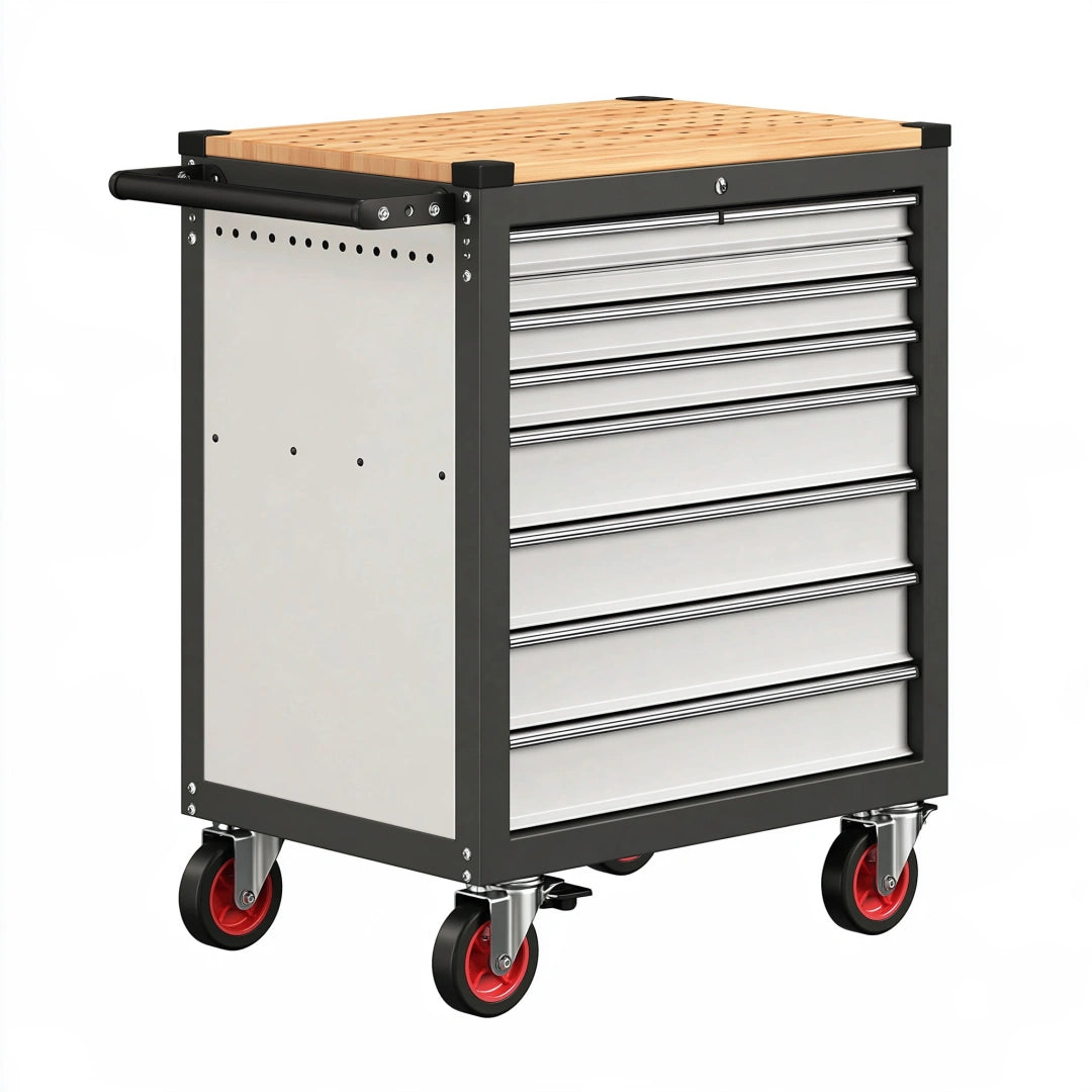 Servante d'atelier 77 x 46 x 97 cm en acier noir avec plateau en bambou et 7 tiroirs mobile