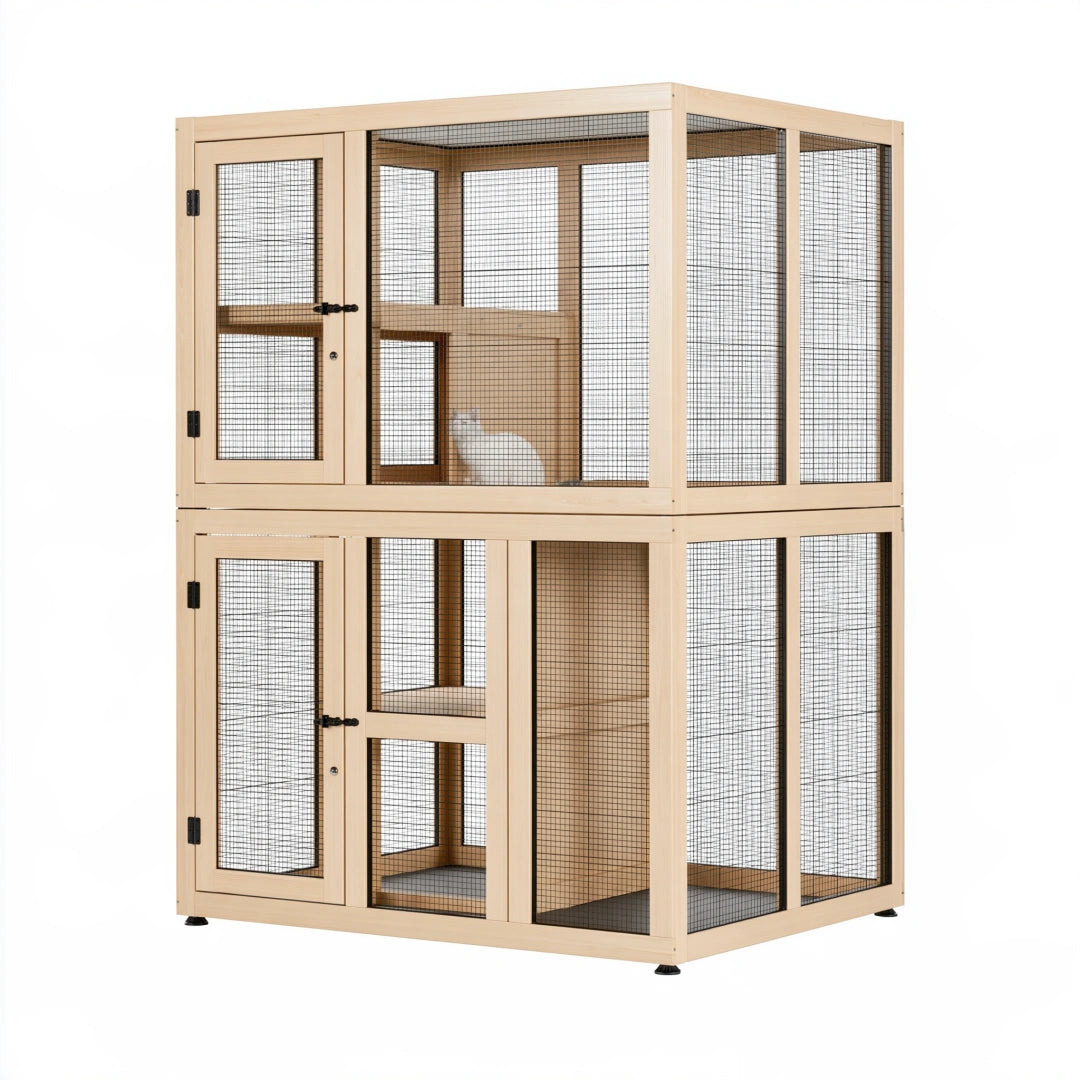 Enclos pour chat 100 cm x 60 cm x 180 cm en bois naturel et grillage noir à deux niveaux