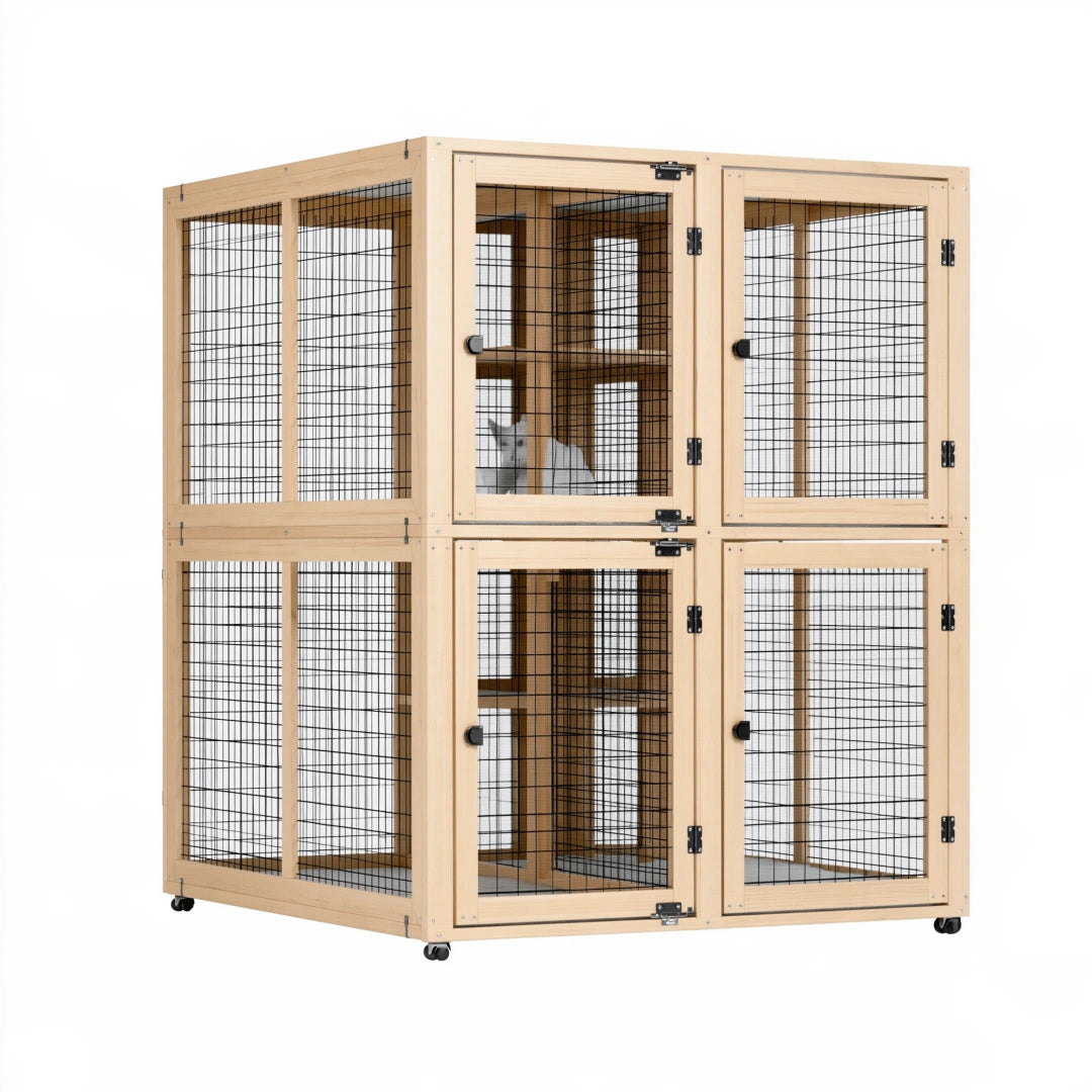 Cage pour chat 141 x 71 x 177 cm en bois naturel et métal à roulettes à deux niveaux