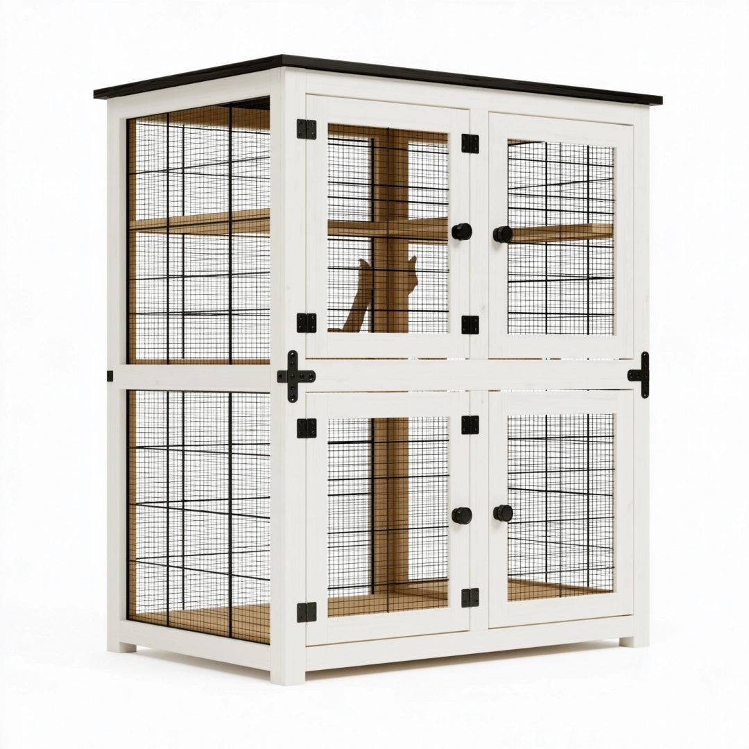Cage pour chat 100 x 60 x 150 cm en bois blanc et métal noir à 4 portes style industriel