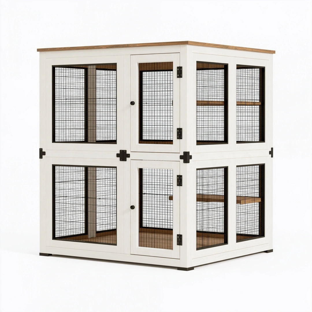 Cage intérieure pour animaux 122 x 61 x 122 cm en bois blanc et grillage métal - à deux niveaux