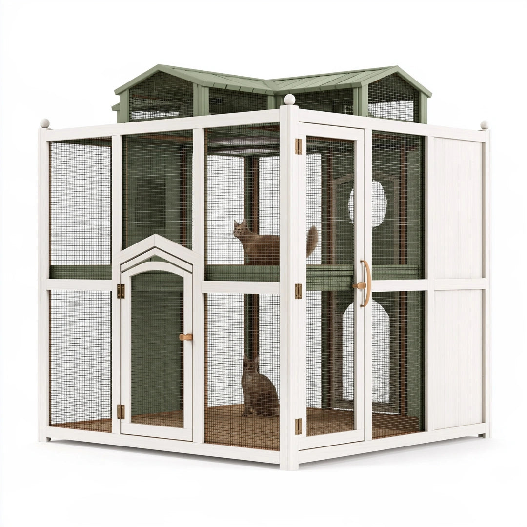 Enclos extérieur pour chats 180 x 120 x 220 cm en bois blanc et vert avec grillage - abri à toit