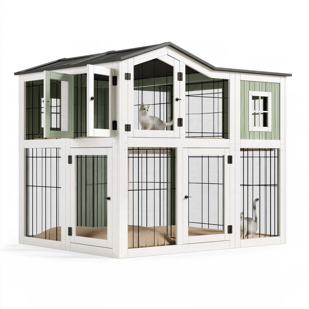 Enclos pour chat 120 x 80 x 160 cm en bois blanc et vert avec grillage métallique à deux niveaux