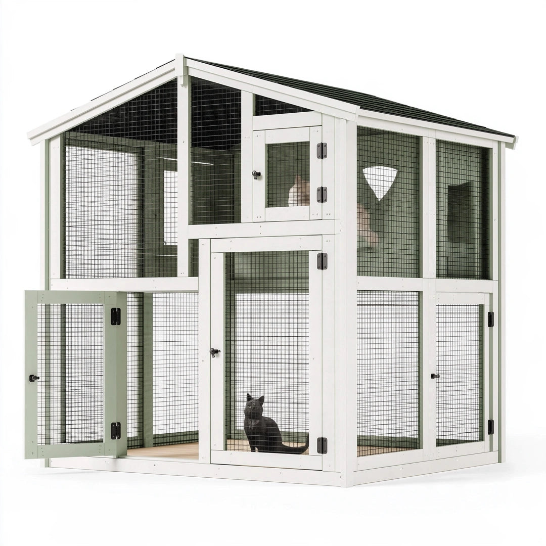 Enclos extérieur pour chat 180 x 90 x 180 cm en bois blanc avec grillage et toit protecteur