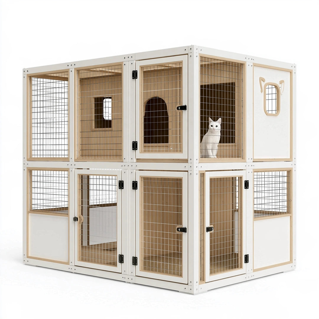 Enclos pour chat 120 x 60 x 120 cm en bois blanc avec grille métallique à deux niveaux