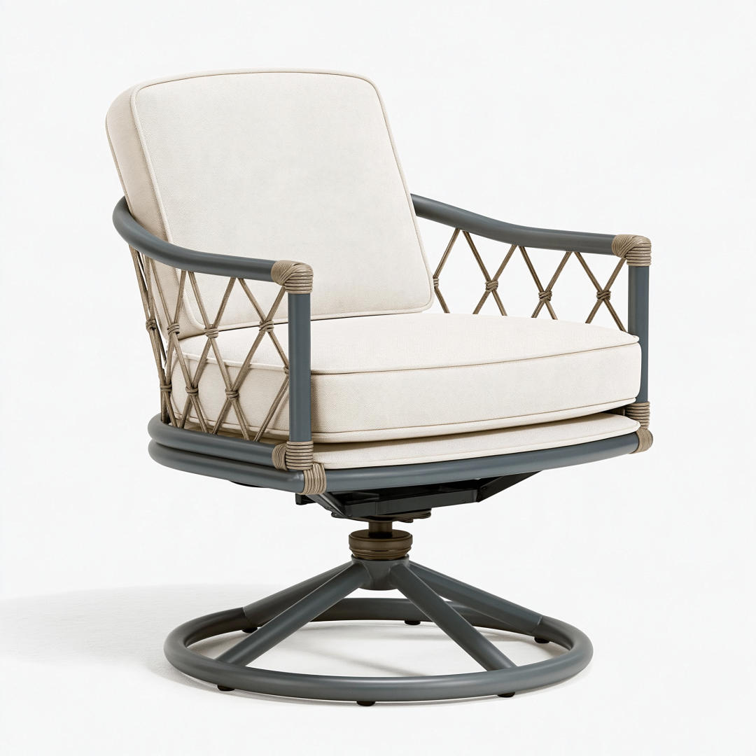 Fauteuil pivotant 80 x 78 x 90 cm en métal et corde gris anthracite et beige style contemporain