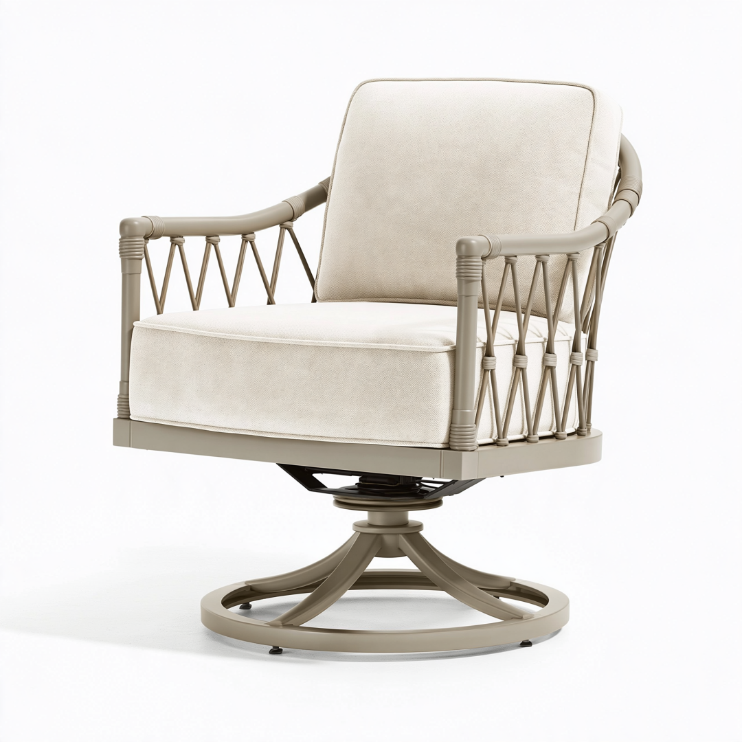 Fauteuil de jardin pivotant 76 x 82 x 92 cm en métal taupe et tissu écru style classique
