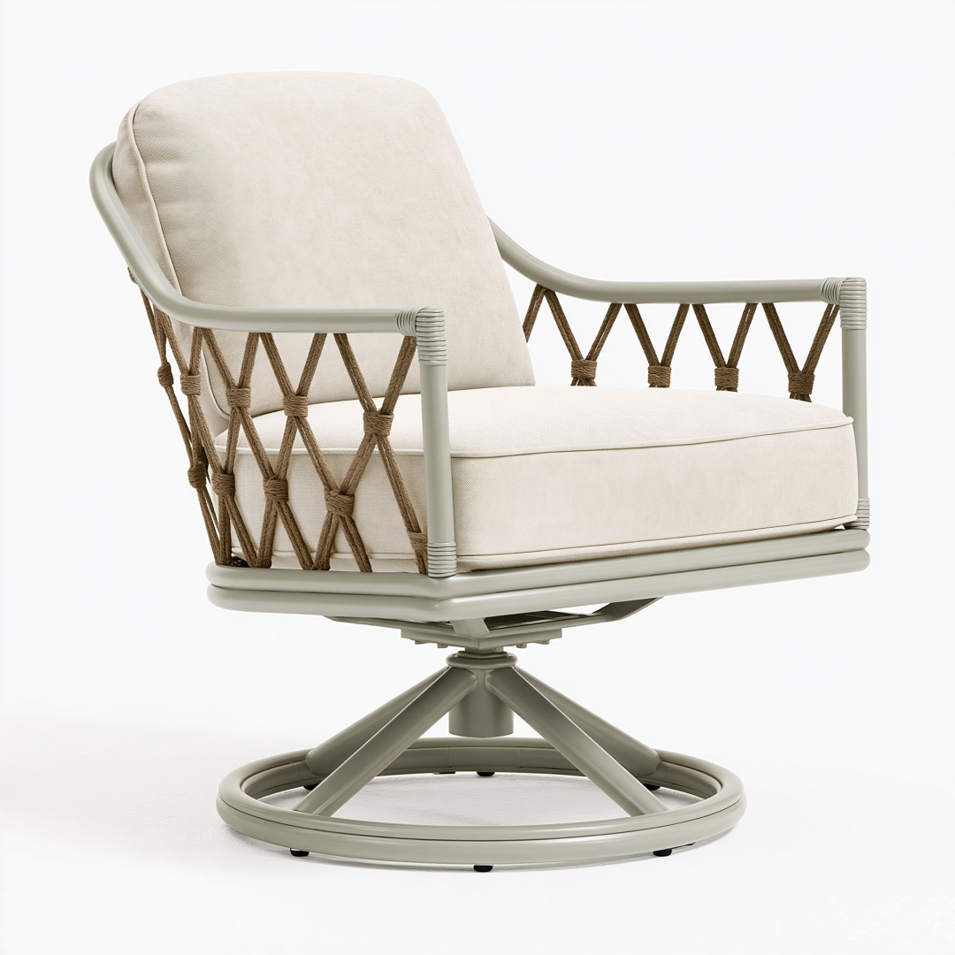 Fauteuil de jardin pivotant 76 x 76 x 85 cm en métal beige avec corde tressée style contemporain