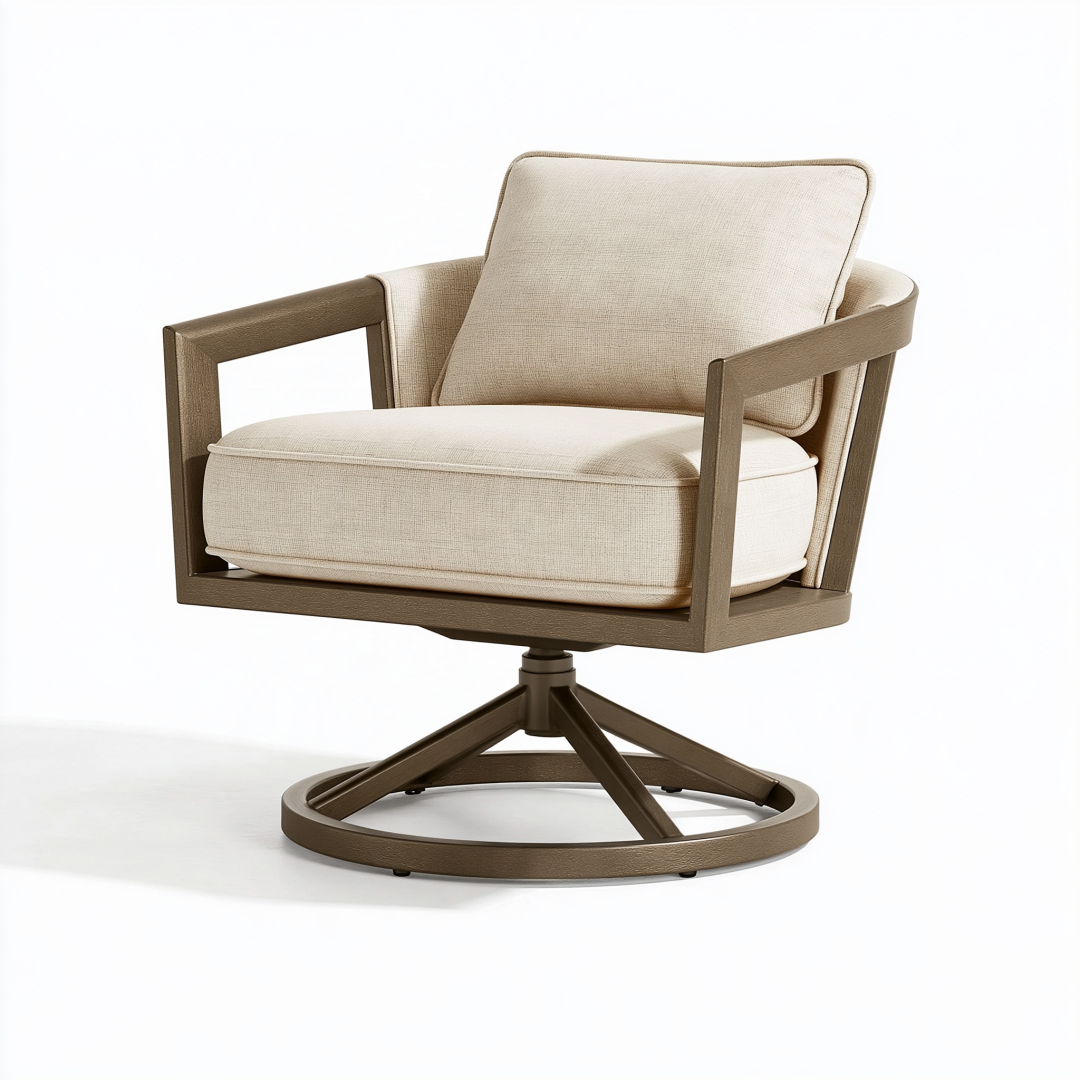 Fauteuil pivotant 78 x 82 x 88 cm en tissu beige et bois brun style contemporain