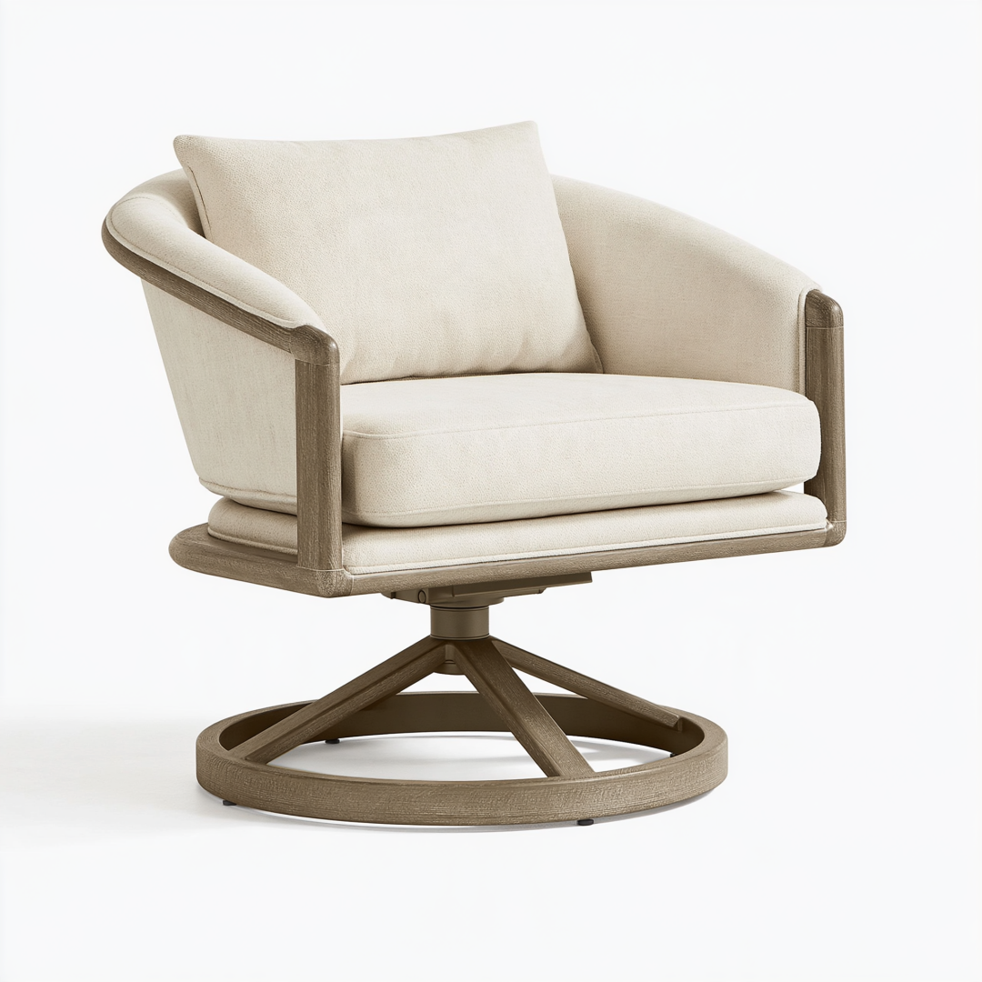 Fauteuil pivotant 85 x 82 x 88 cm en tissu beige et bois style contemporain