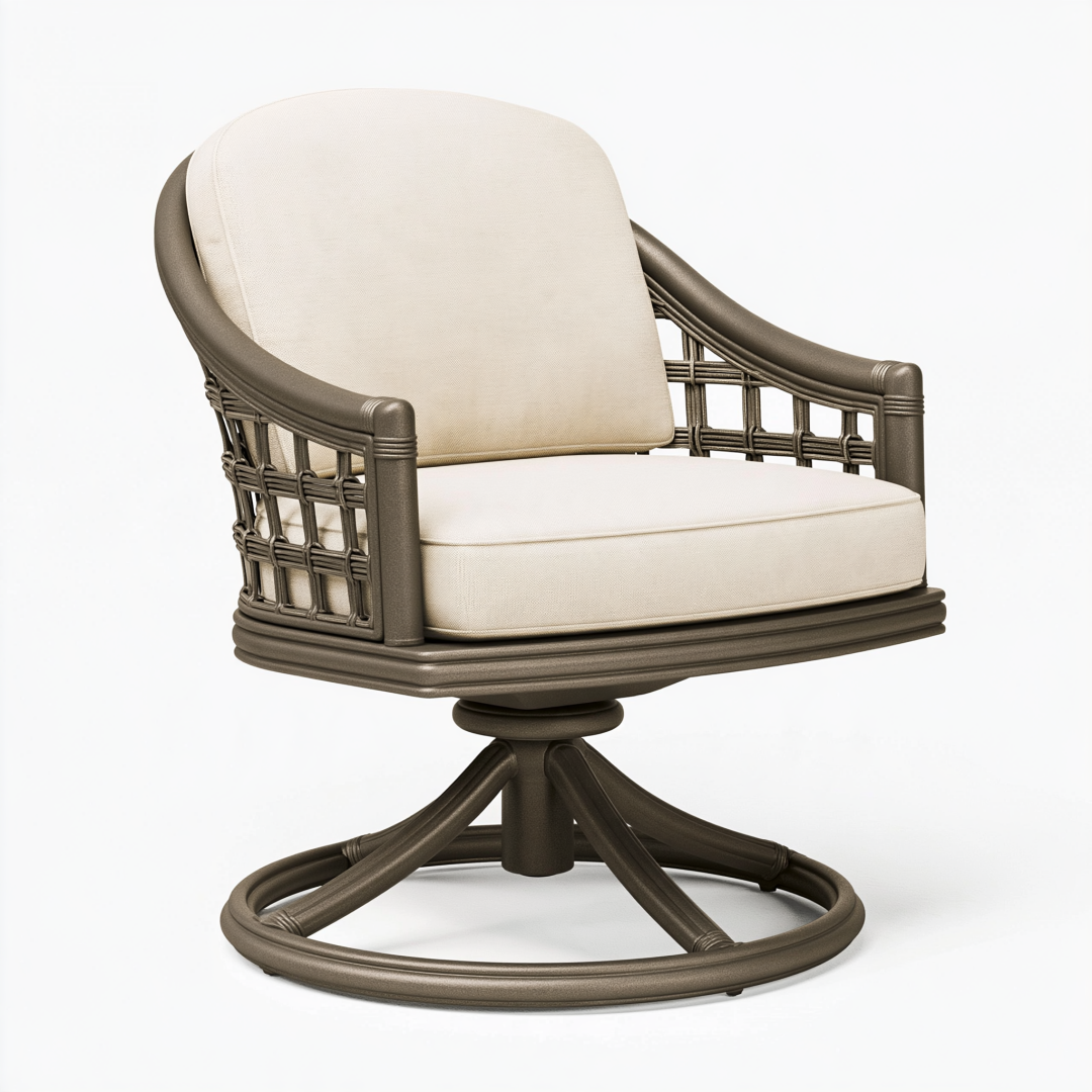 Fauteuil de jardin pivotant 78 x 82 x 94 cm en métal brun avec coussins écrus style tressé