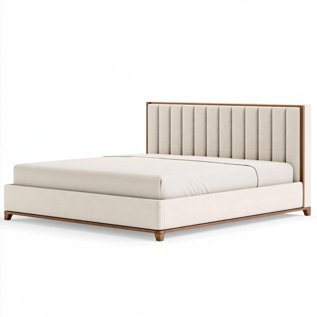 Lit double 160 x 200 cm en tissu beige et bois - tête de lit rembourrée style contemporain