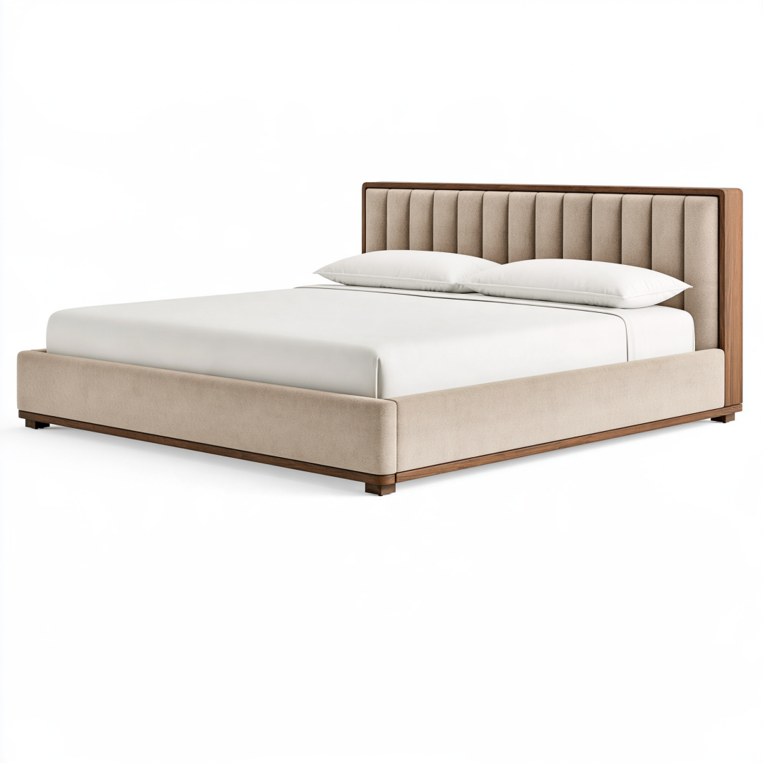 Lit 160 x 200 cm en bois et tissu beige - tête de lit capitonnée style contemporain