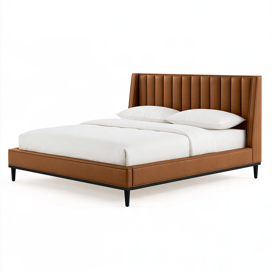 Lit double 160 x 200 cm marron revêtement aspect cuir style moderne