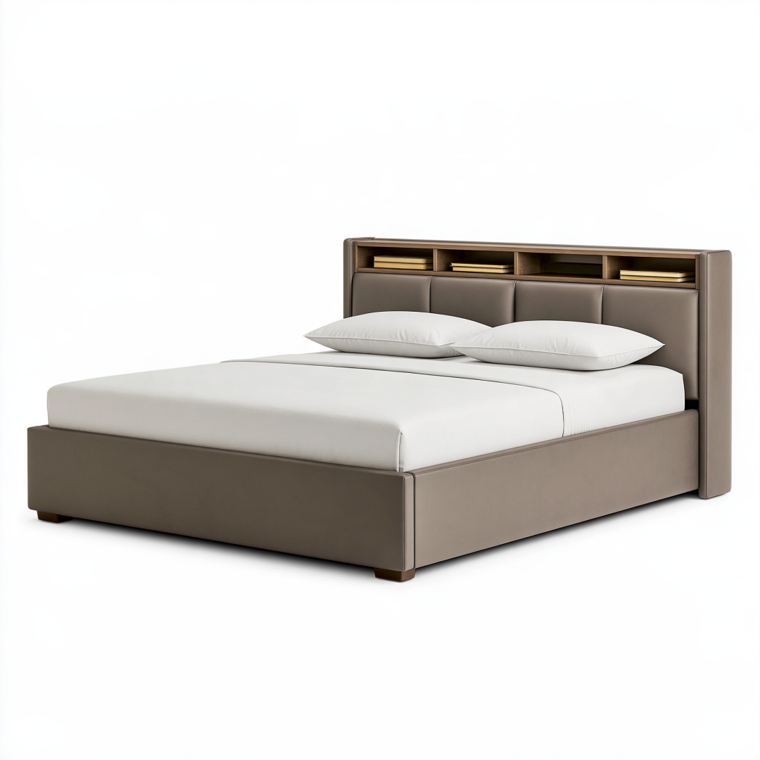 Lit double 160 x 200 cm en similicuir taupe avec tête de lit rangement style contemporain