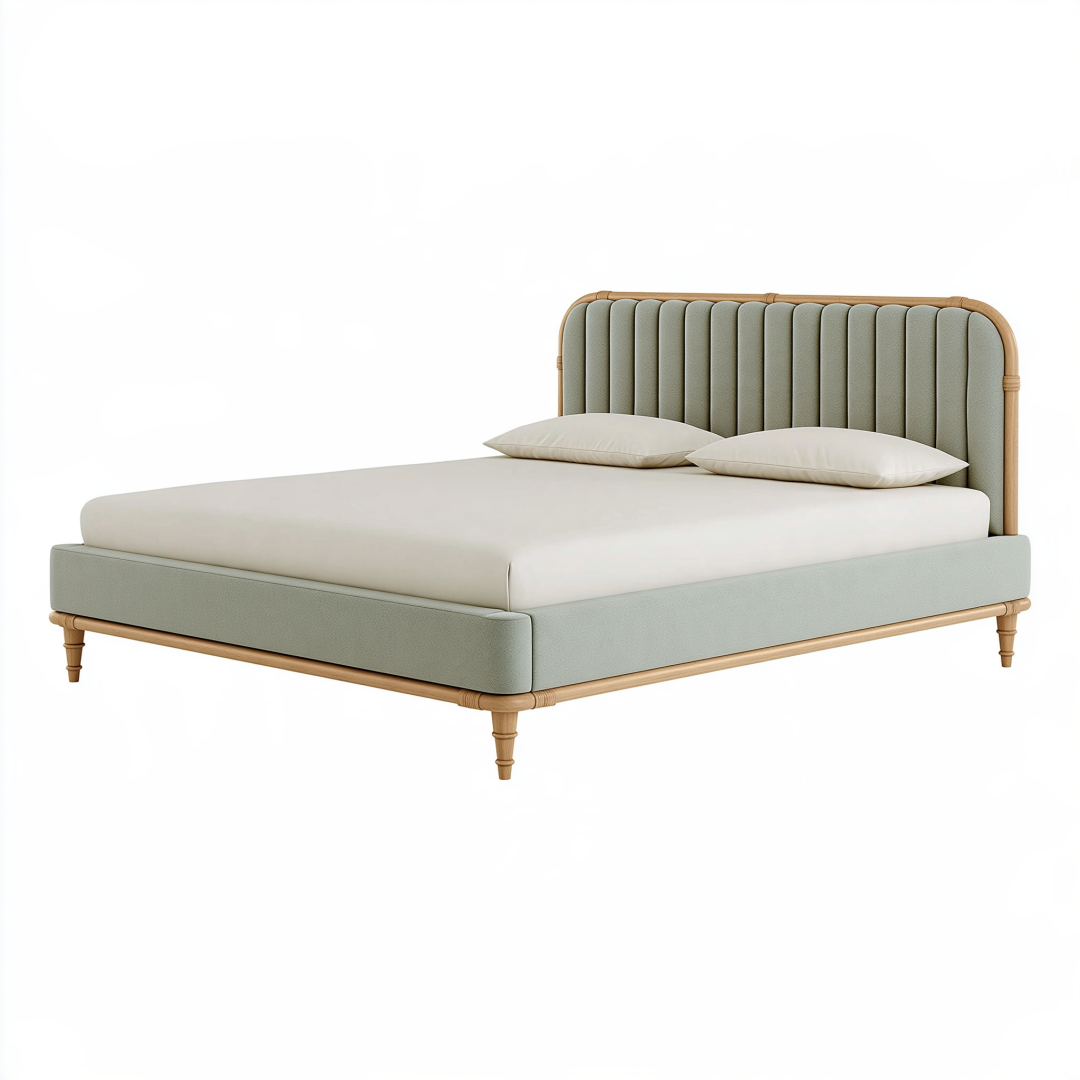 Lit double 160 x 200 cm en tissu vert sauge avec structure en bois style vintage