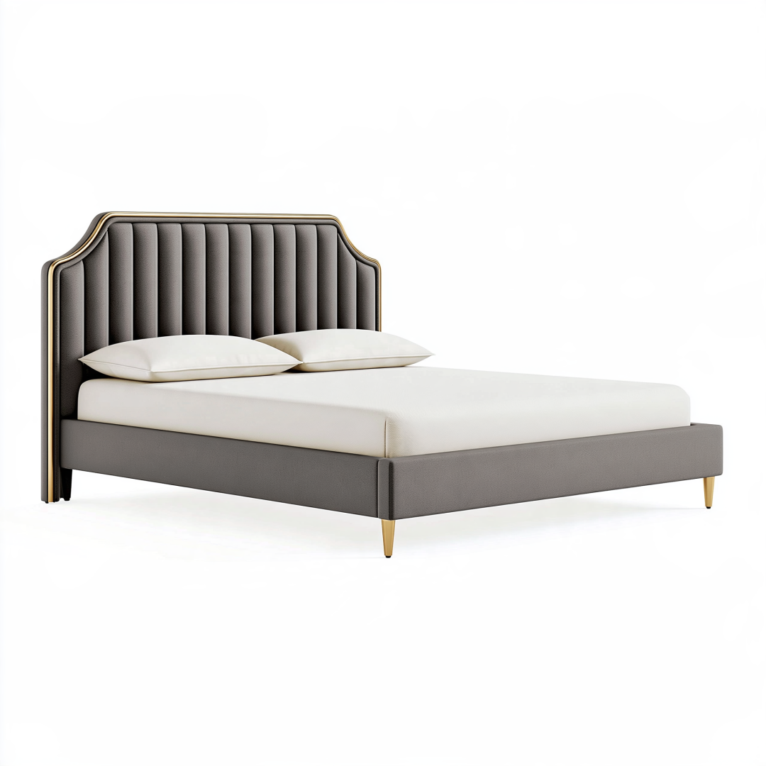 Lit double 160 x 200 cm en tissu gris avec tête de lit capitonnée style contemporain