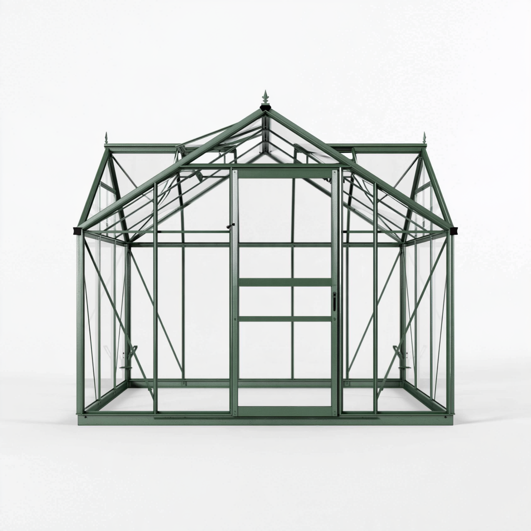 Serre de jardin 240 cm x 240 cm en métal vert avec panneaux transparents style classique