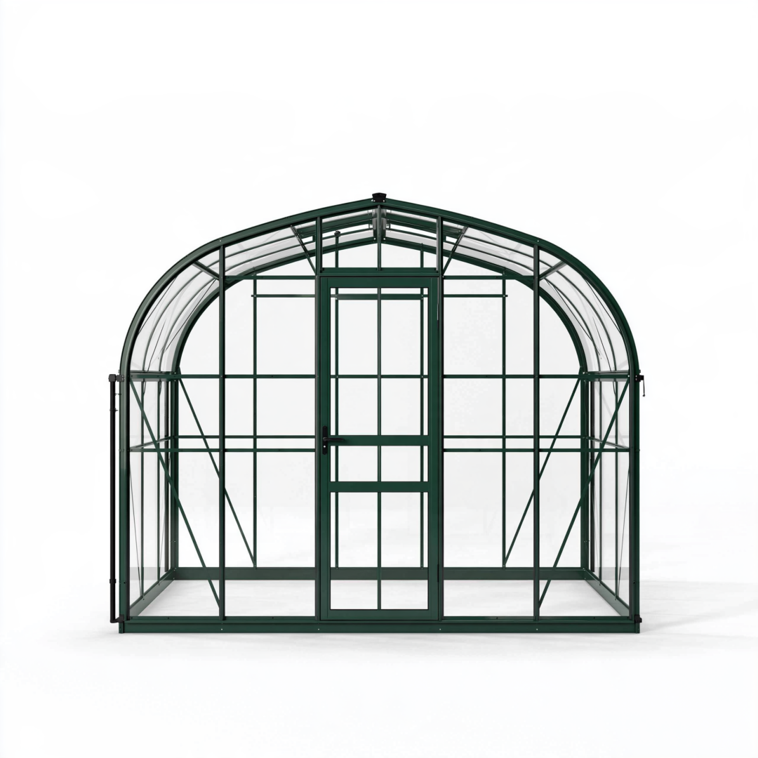 Serre de jardin 190 x 190 x 200 cm en acier vert avec panneaux transparents et porte battante